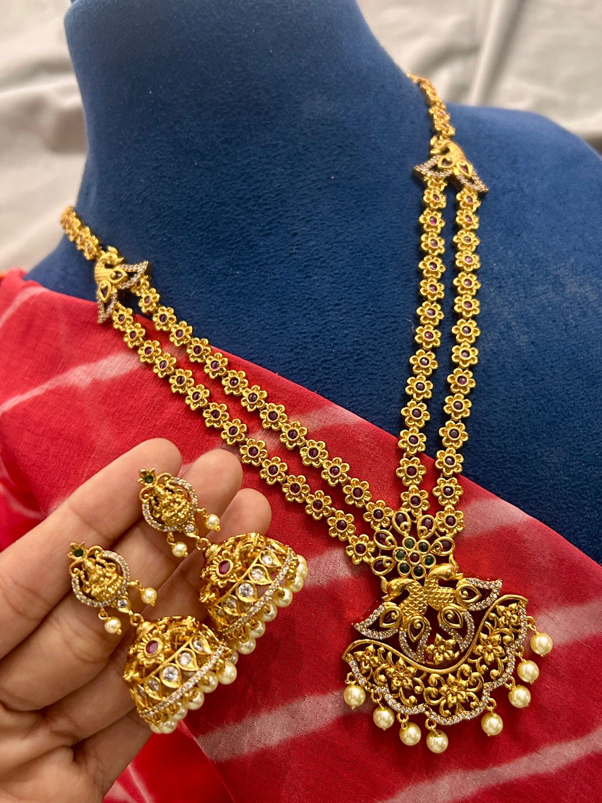 Antique Gold Peacock Temple Jewellery Haram with Pearl Jhumka Earrings